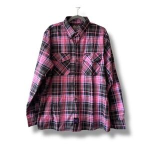 Drop Em Wear Button-Down Flannel Men's XL Purple Pink Black Plaid Pockets Grunge